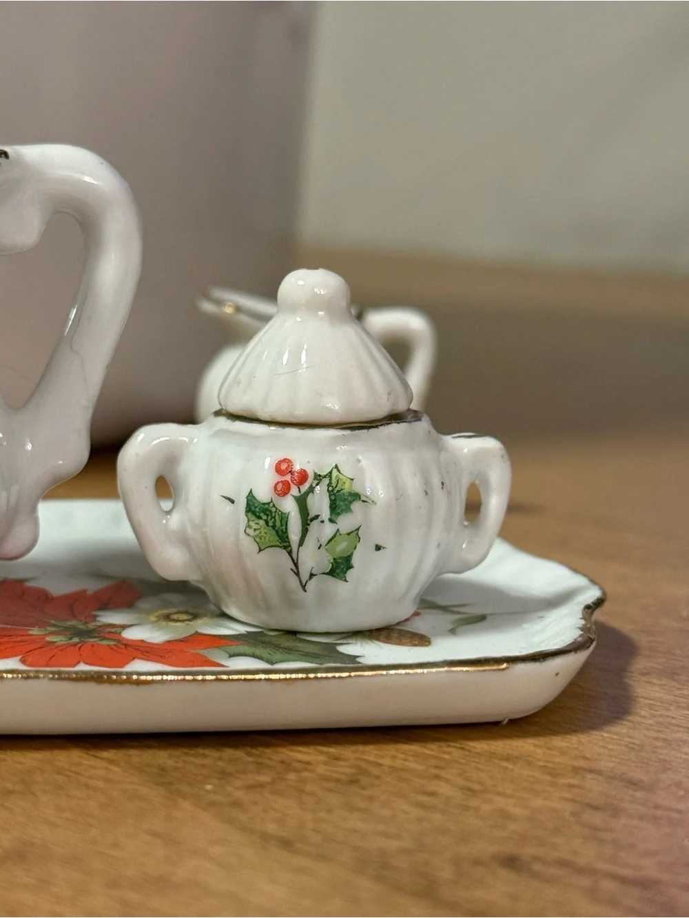 Vintage Christmas Miniature Ceramic Tea Set - White with Holly Motif